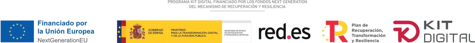 Programa Kit Digital financiado por los fondos Next Generation del Mecanismo de Recuperación y Resiliencia: Financiado por la Unión Europea NextGenerationEU, Gobierno de España - Ministerio para la Transformación Digital y de la Función Pública, Red.es, Plan de Recuperación, Transformación y Resiliencia, Kit Digital